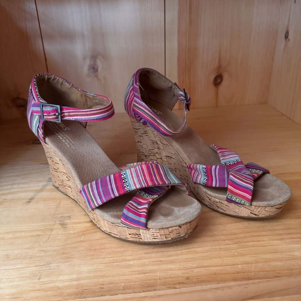 TOMS Women's Multi-Colored Striped Cork Wedge Sandals Sz 9.5
